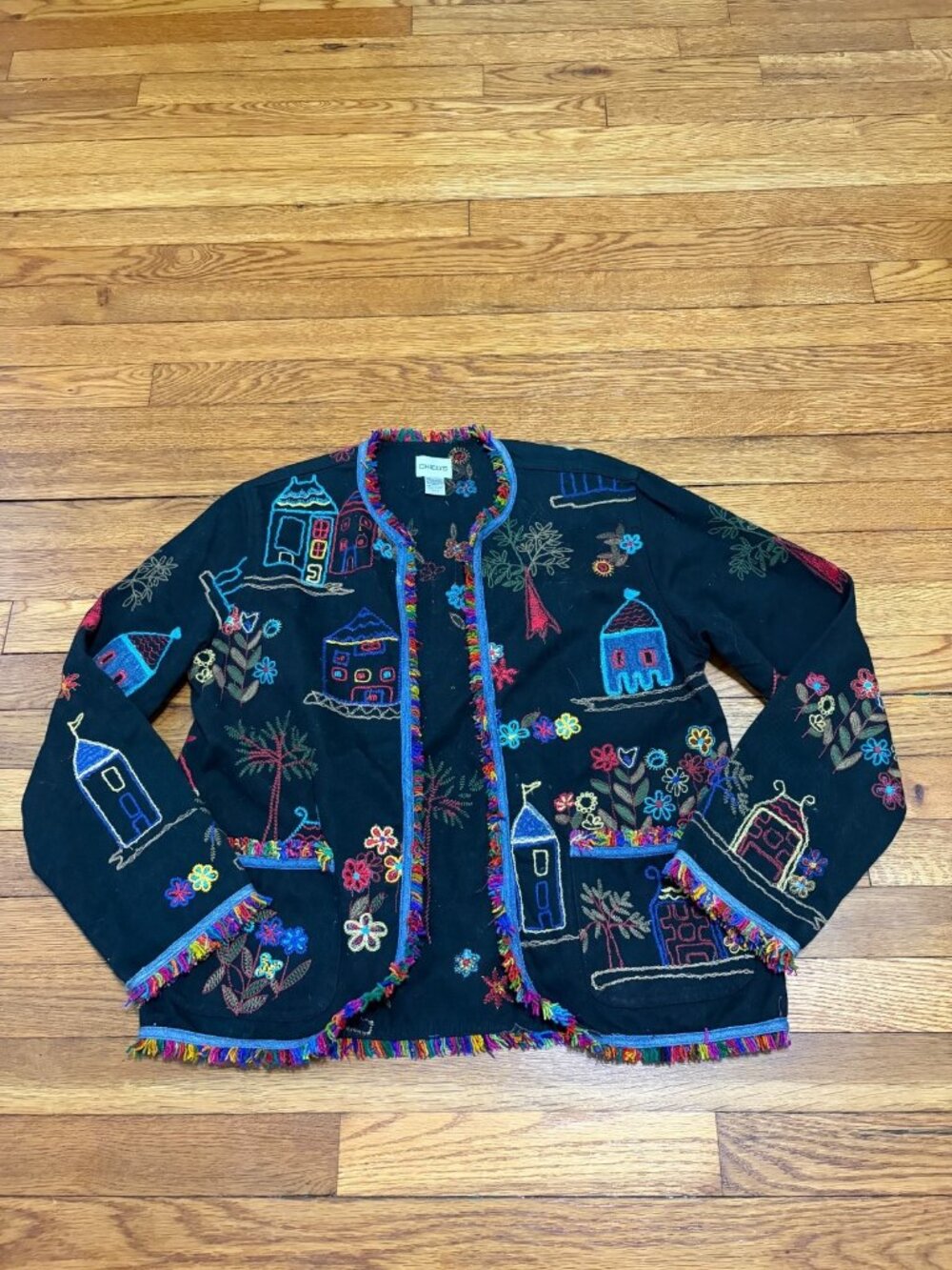 Chico's Womens Open Front Jacket Size 0 (US 4) Black Colorful Embroidered Fringe